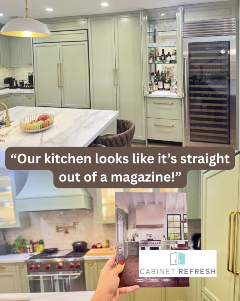 Collage of a newly refreshed light green kitchen with marble-look countertops, brass hardware, built-in bar cabinet, wine fridge, and the quote, “Our kitchen looks like it’s straight out of a magazine!” alongside the Cabinet Refresh logo.
