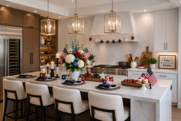 Modern kitchen featuring patriotic decor, marble island, pendant lighting, American flags, and festive table settings.