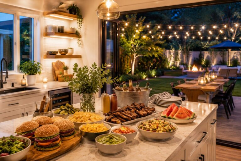 Modern indoor outdoor kitchen featuring island, barbecue meal, open patio, and inviting backyard entertaining space.