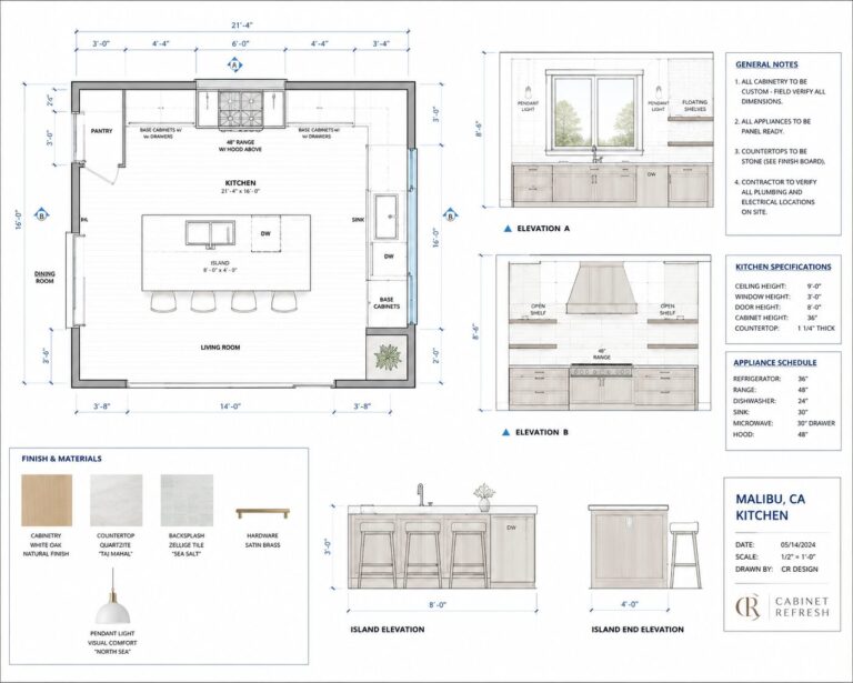Detailed kitchen floor plan featuring cabinet elevations, island layout, dimensions, material specifications, and appliance placement.