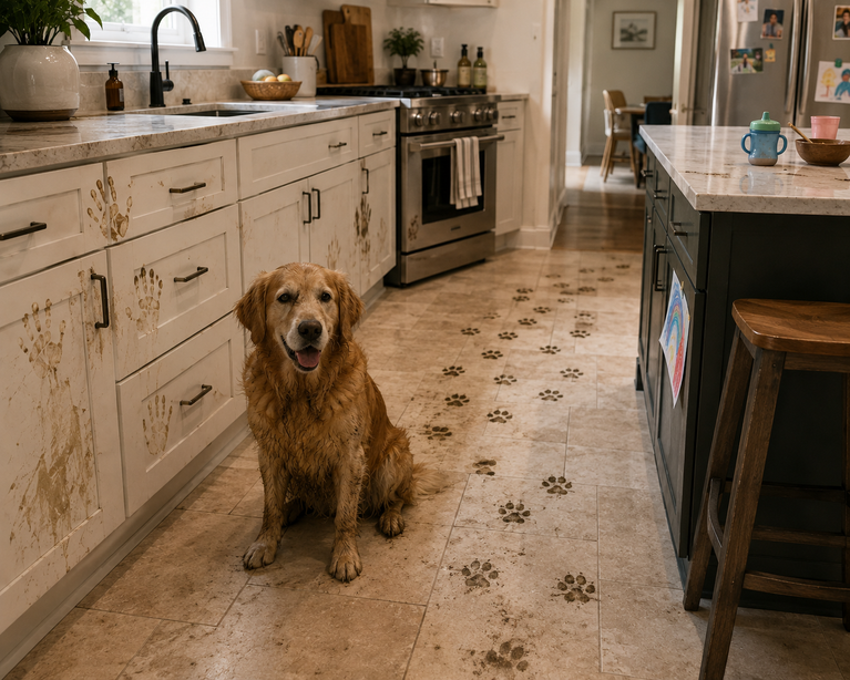 A golden retriever sits in a kitchen with visibly worn white cabinets, muddy paw prints across the tiled floor, and a dark kitchen island with a countertop and stools.