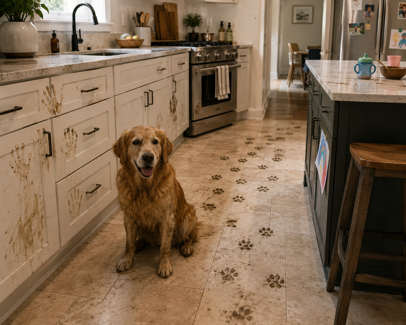 A golden retriever sits in a kitchen with visibly worn white cabinets, muddy paw prints across the tiled floor, and a dark kitchen island with a countertop and stools.