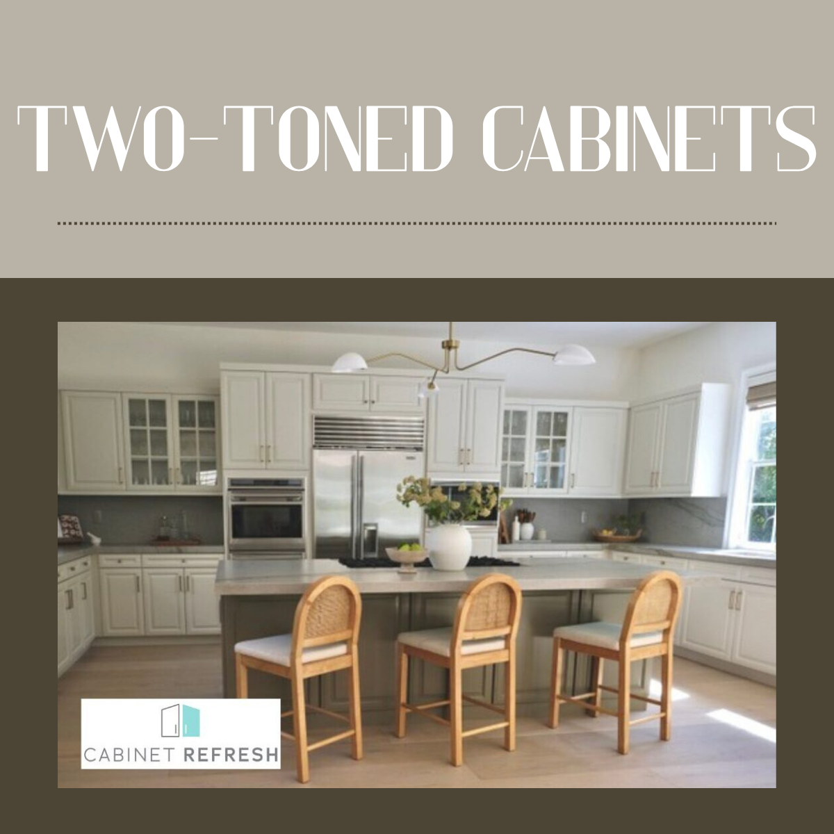Two-toned kitchen with white perimeter cabinets and a contrasting dark island