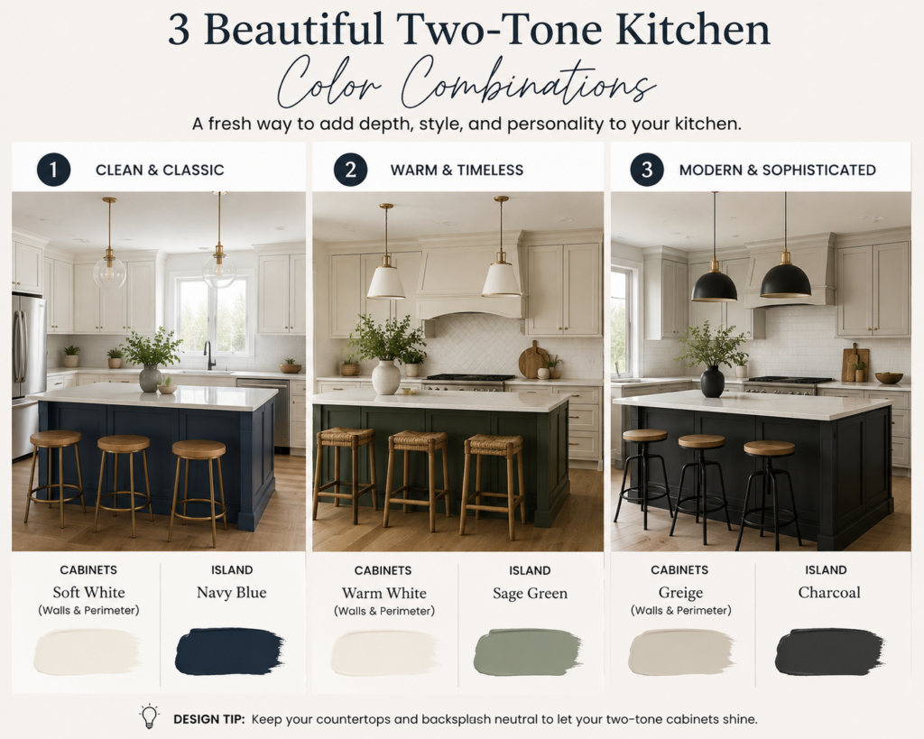 Three two-tone kitchen cabinet color combinations featuring navy blue, sage green, and charcoal islands