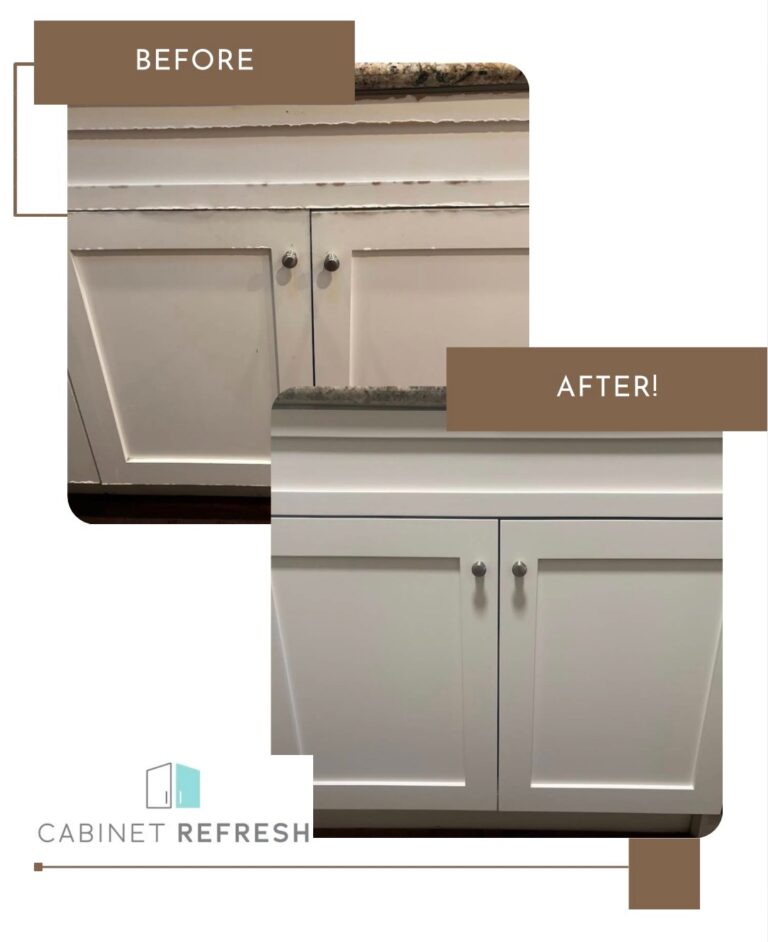 Before-and-after comparison of white kitchen cabinets showing a refreshed, clean, and polished cabinet finish.