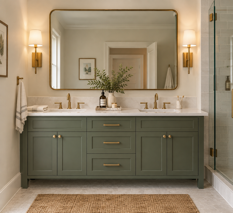 Elegant bathroom featuring a sage green vanity with shaker-style cabinet doors, brushed gold hardware, double sinks, a marble countertop and backsplash, and a large framed mirror.