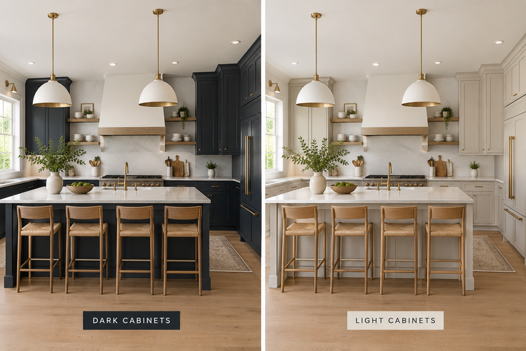 Before-and-after comparison of the same kitchen featuring dark charcoal cabinets on one side and light cream cabinets on the other, showing how cabinet color can transform the overall look and feel of a kitchen.