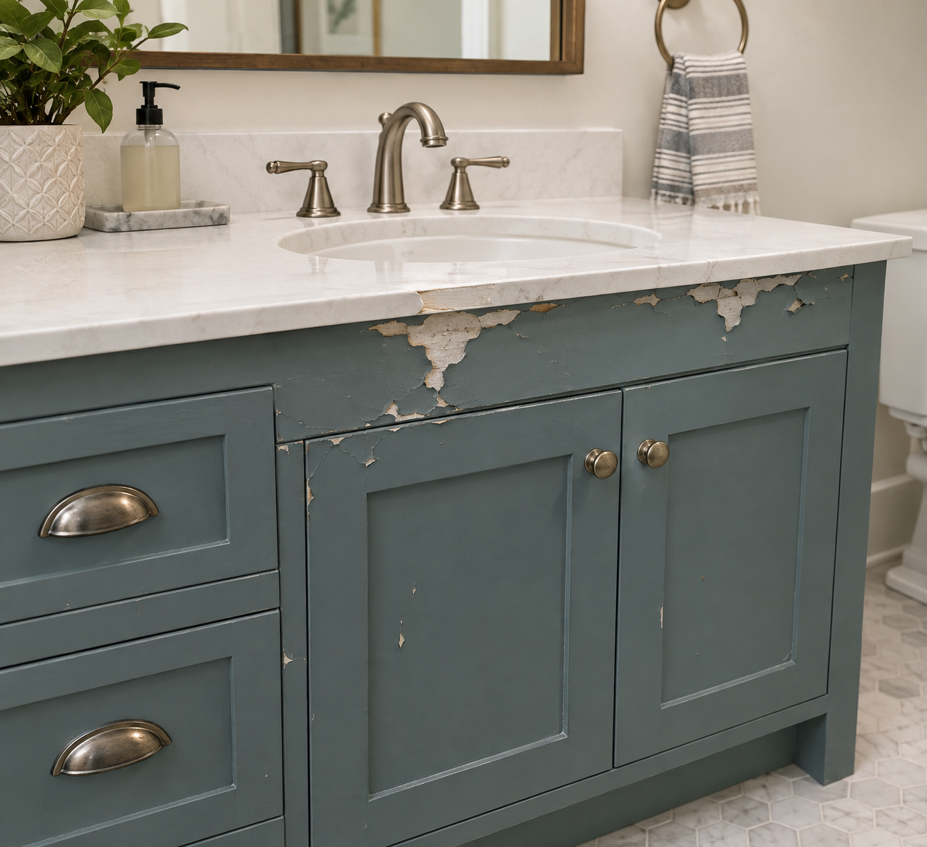 Close-up of a painted bathroom vanity showing bubbling, peeling, and damaged paint around the sink area, illustrating how moisture and water exposure can cause a DIY cabinet finish to fail.