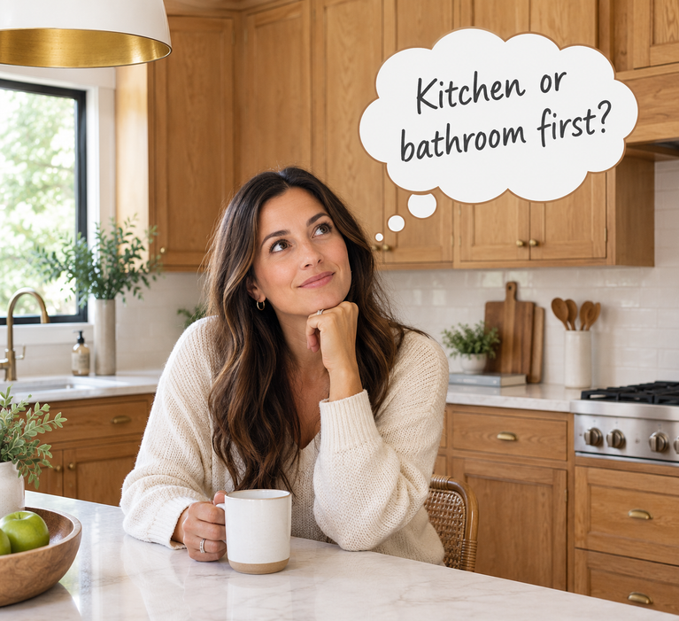 Woman sitting in a cozy kitchen, wondering whether to renovate the kitchen or bathroom first.