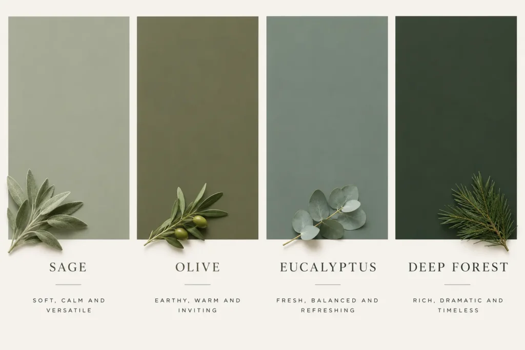 Sage, olive, eucalyptus, and deep forest green kitchen cabinet color swatches for timeless kitchen design.