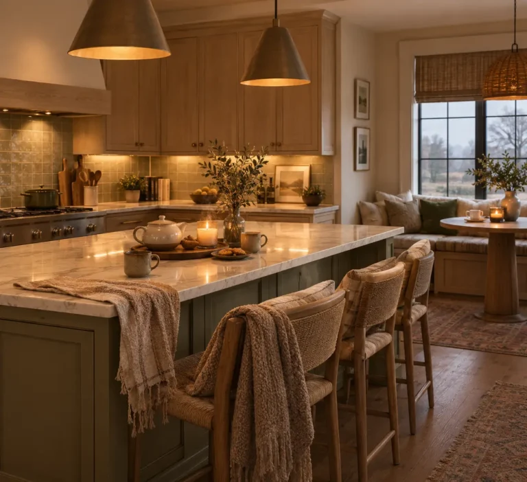 Cozy hygge kitchen with natural wood cabinets, warm pendant lighting, an olive-green island, candles, and comfortable seating.