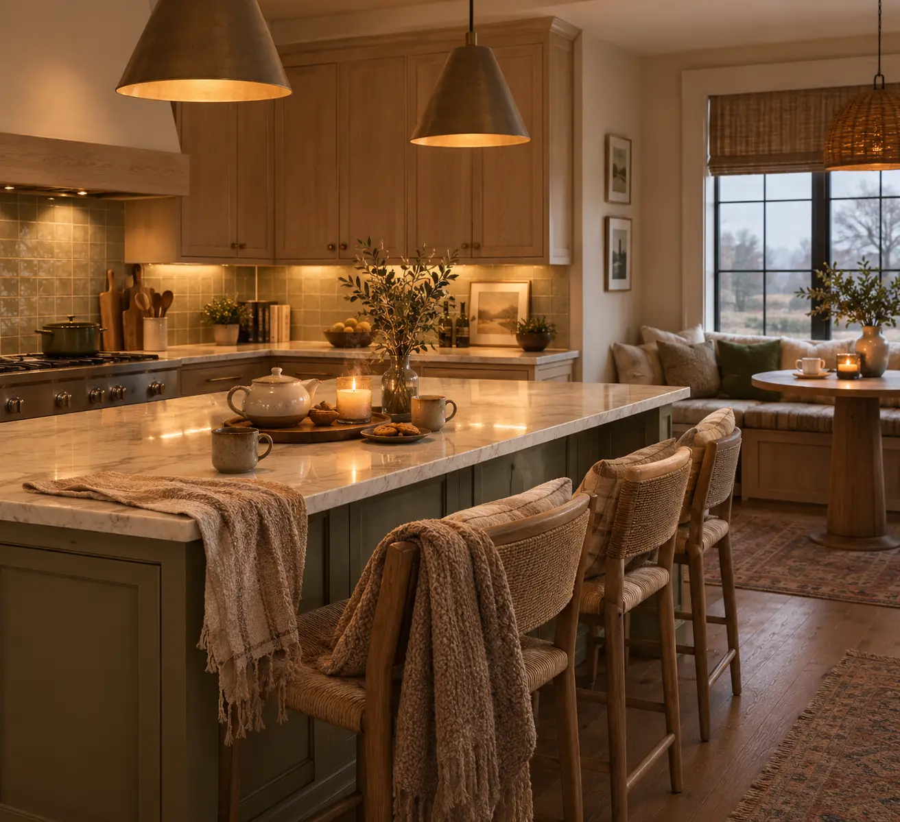 Cozy hygge kitchen with natural wood cabinets, warm pendant lighting, an olive-green island, candles, and comfortable seating.