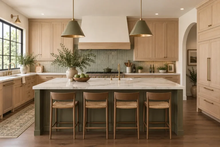 Olive green kitchen island paired with natural wood cabinets, marble countertops, brass fixtures, and warm neutral accents for a timeless kitchen design.