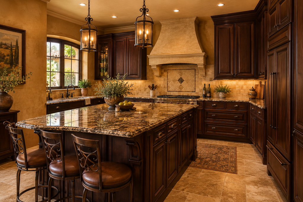 Elegant traditional kitchen featuring dark wood cabinetry, a large marble island, ornate pendant lights, and a stone fireplace hood.