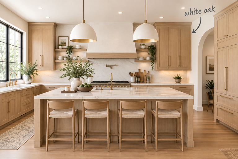 Warm white oak kitchen with a large marble island, four woven stools, brass pendant lights, open shelving, greenery, and elegant marble backsplash.