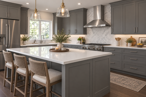 Modern kitchen with gray shaker cabinets, white countertops, marble backsplash, and warm wood flooring.