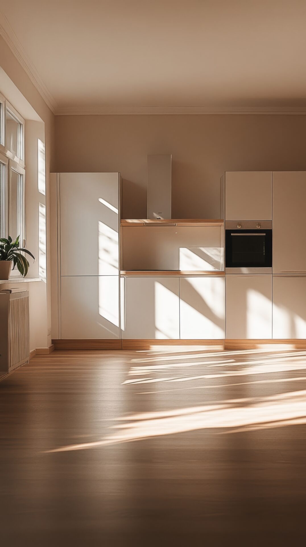 A Kitchen With White Cabinets And A Wood Floor