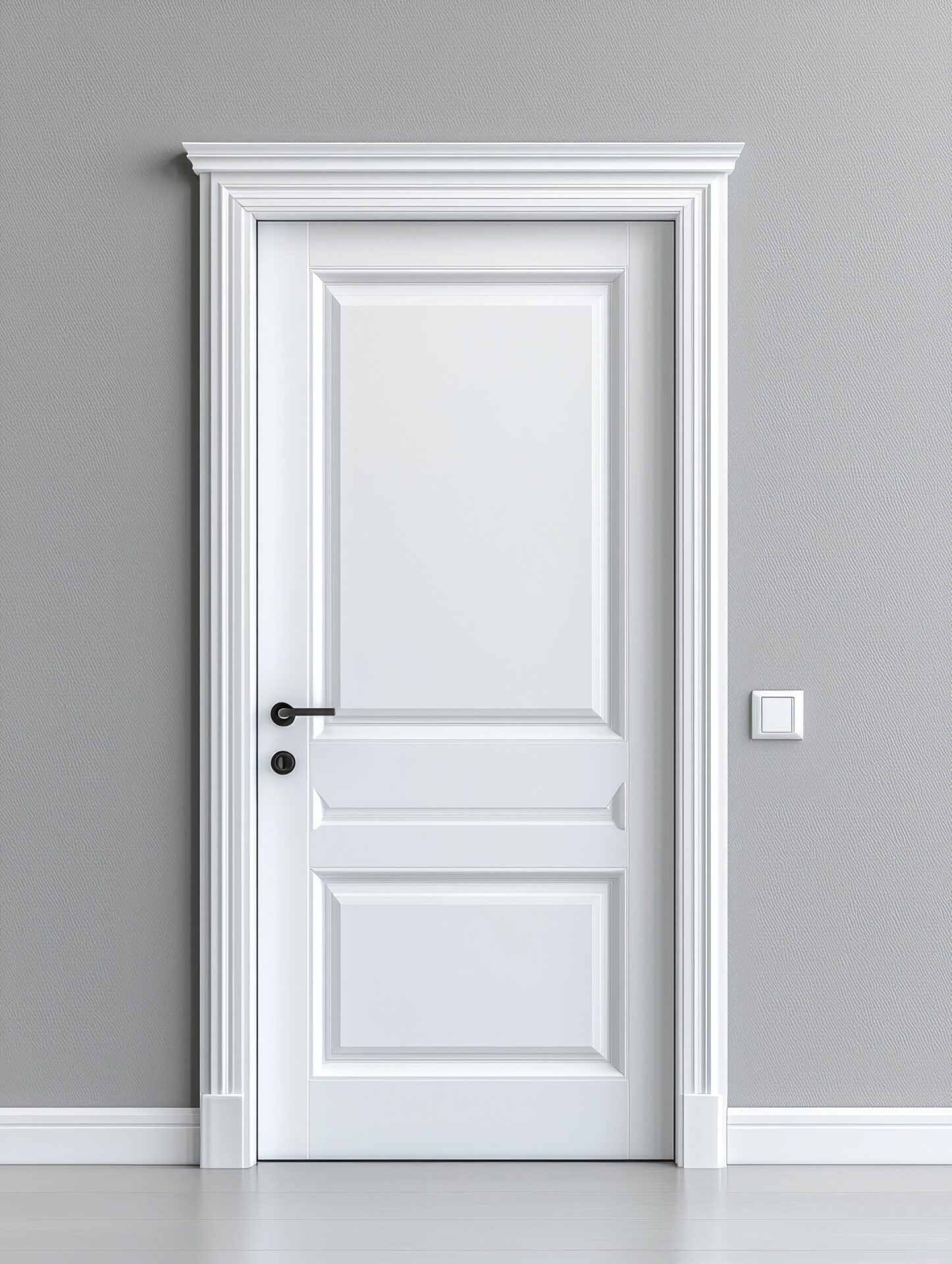 White Interior Door With Dark Handle, Molding, And Light Switch On A Gray Wall.