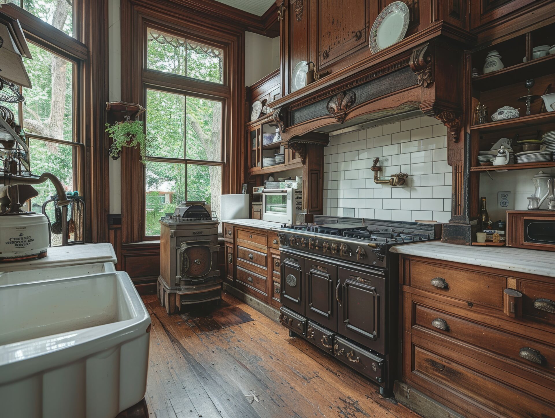 Historic Mansion Kitchen With Its Original Cast Iron Sink And Vintage Stove Meticulously Restored To Working Condition