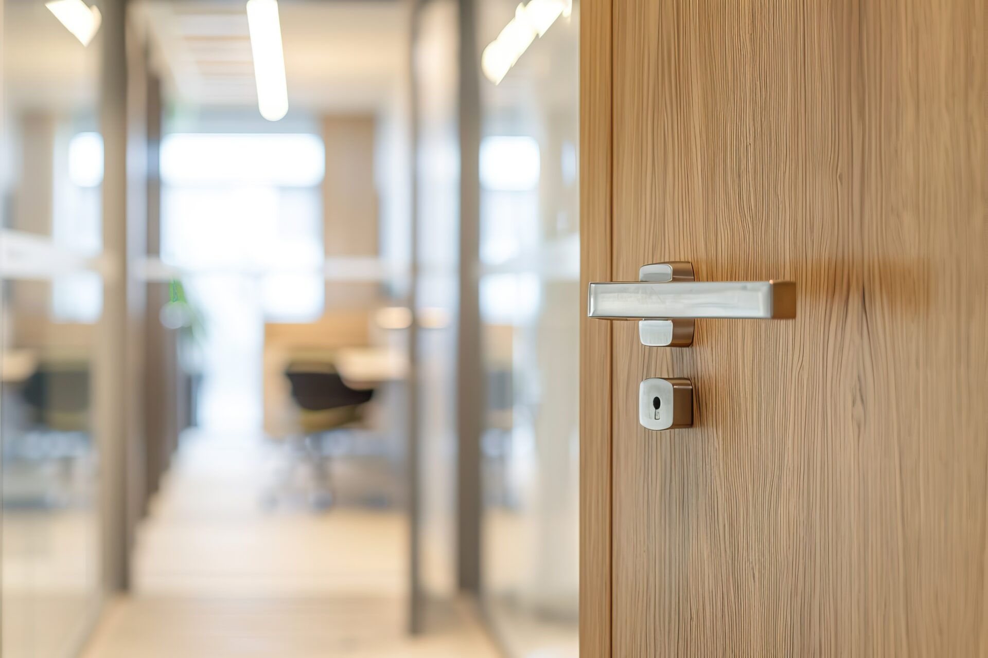 Doorknob. Metal Door Handle Lock And Latch Of Brass On Veneer Doors. Door Wooden Half Opening Through Interior Bedroom Background, Selective Focus. Modern Trends In Interior Design. Close Up.